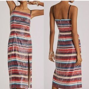 Anthropologie Hutch Striped Sequin Midi Dress in Red, Blue, Purple & Cream